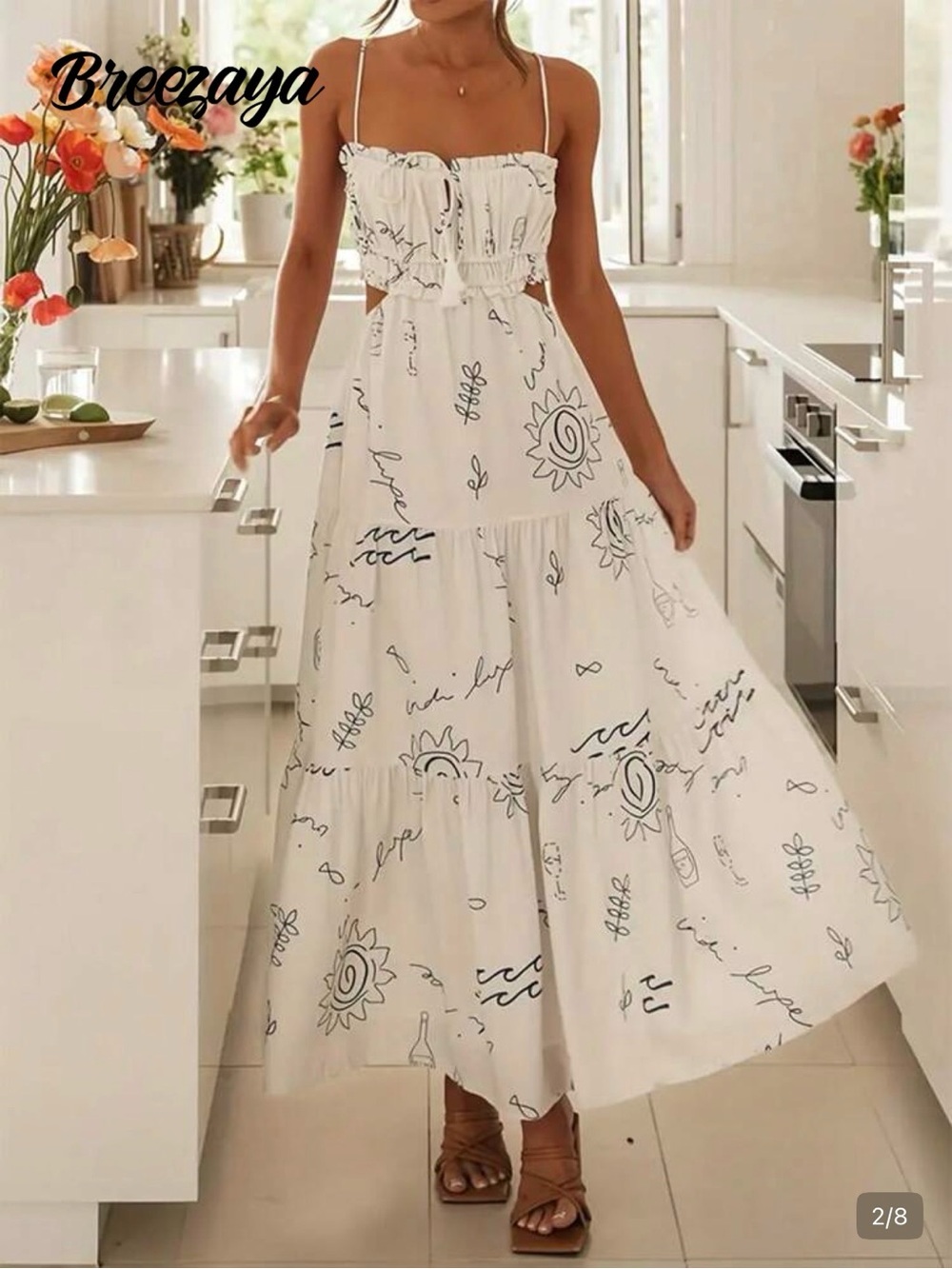 SHEIN Breezaya White Black Abstract Cutout Tiered Maxi Dress M